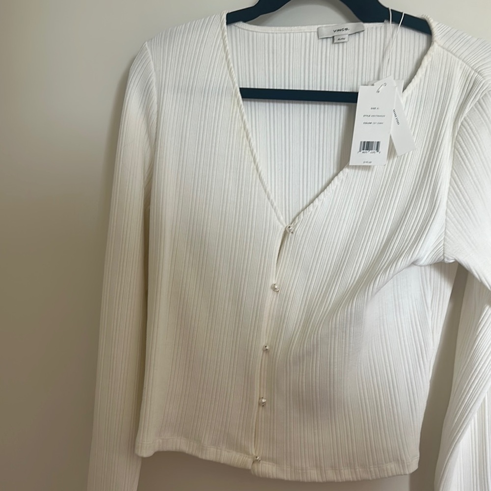 Vince White Ribbed pearl Button-Up Cardigan